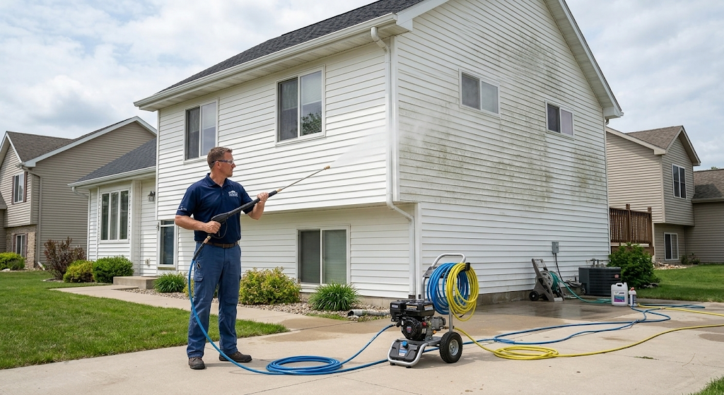 Professional pressure washing contractor actively washing second-story vinyl siding of Midwest home