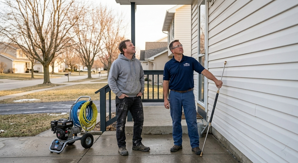 Homeowner and contractor standing together reviewing the freshly washed clean house exterior