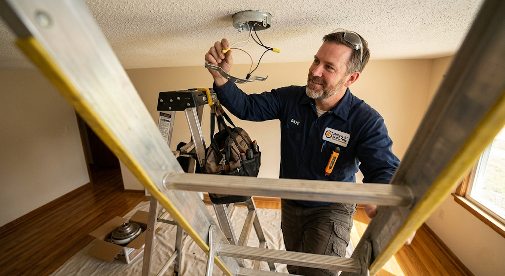 Licensed electrician wiring a ceiling fan junction box on a ladder in an Indianapolis ranch home