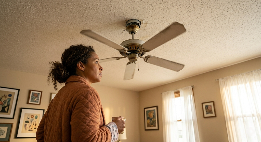 Homeowner looking up with concern at a wobbling, aging ceiling fan in her living room