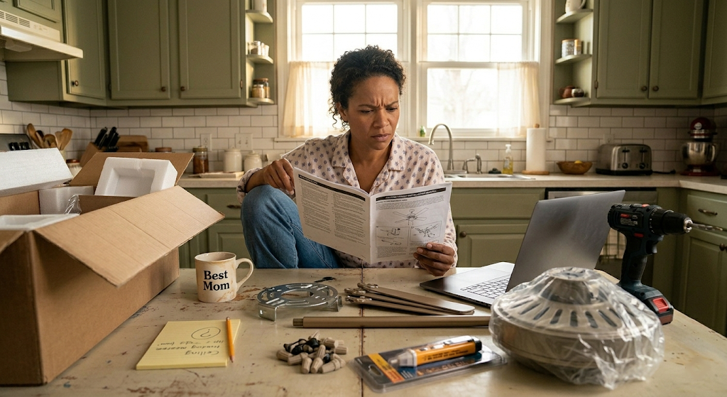 Homeowner at kitchen table surrounded by ceiling fan parts, drill, and instruction manual
