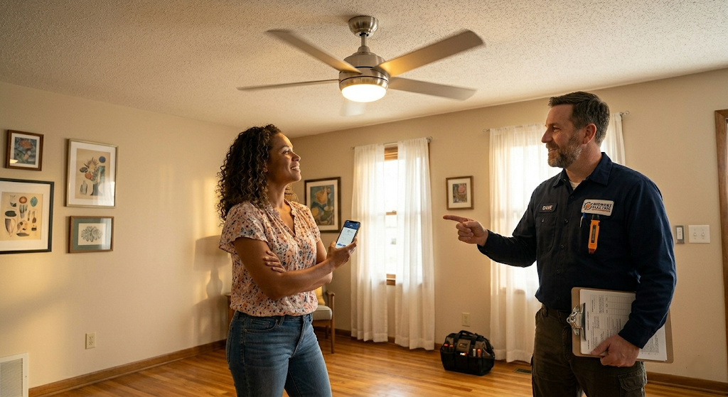 Homeowner and electrician smiling under a newly installed ceiling fan in an Indianapolis living room