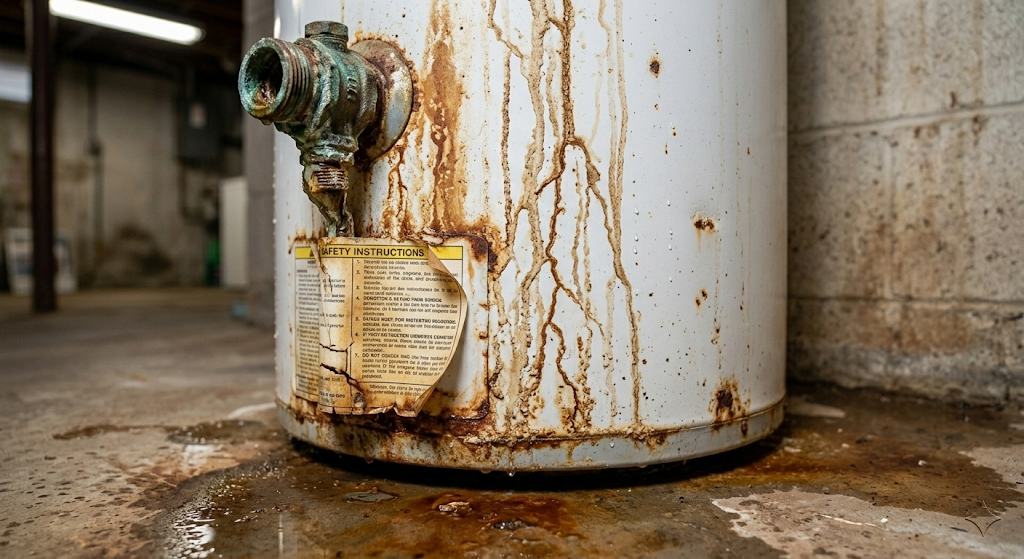 Heavily rusted white water heater tank with corroded fittings, branching rust streaks down the exterior, and water stains on the concrete floor — clear signs it needs replacement