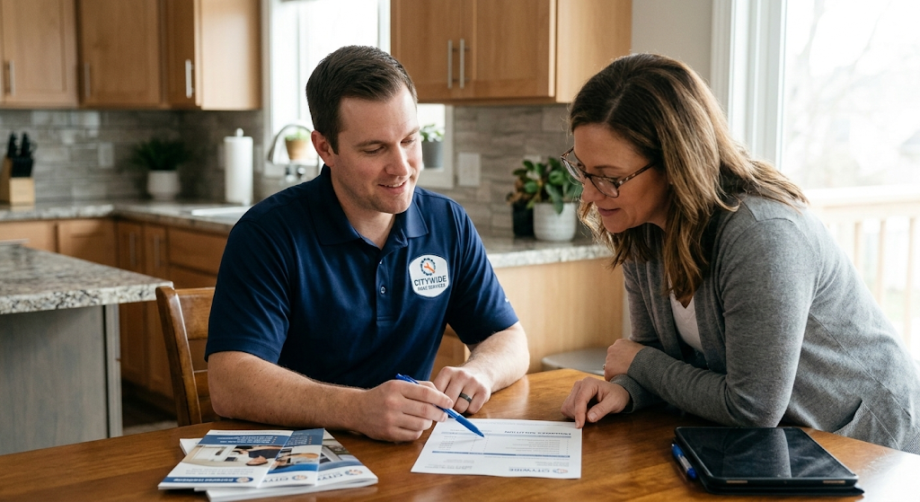 Contractor in navy company polo reviewing a printed itemized estimate with a homeowner at their kitchen table