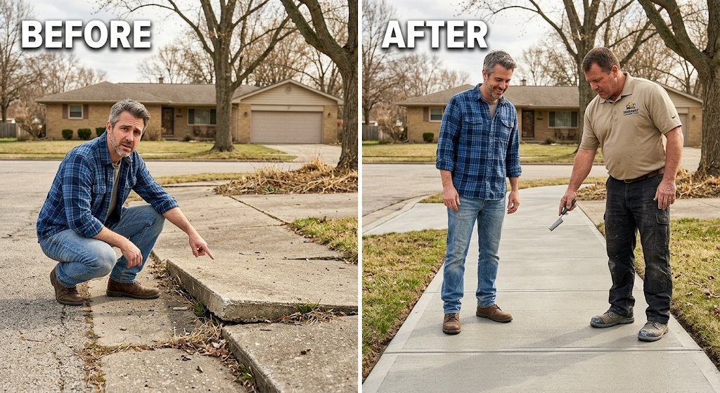 Before and after comparison of a residential sidewalk — cracked heaved slab on the left, professionally leveled and repaired on the right