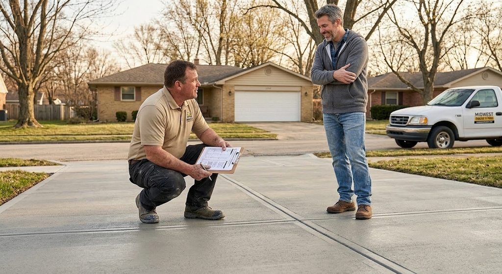 Concrete contractor and homeowner reviewing a completed driveway repair outside an Indianapolis ranch-style home, spring afternoon