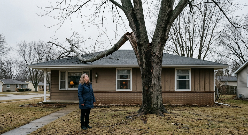 Homeowner looking up at a large damaged tree limb resting on her roof after winter storms