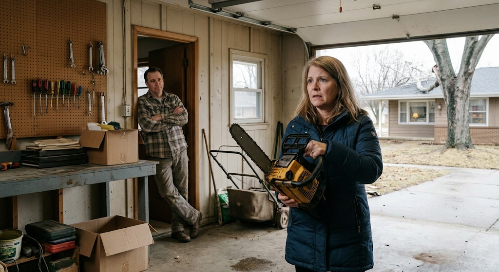Homeowner holding a chainsaw in the garage looking uncertain, husband watching skeptically in background
