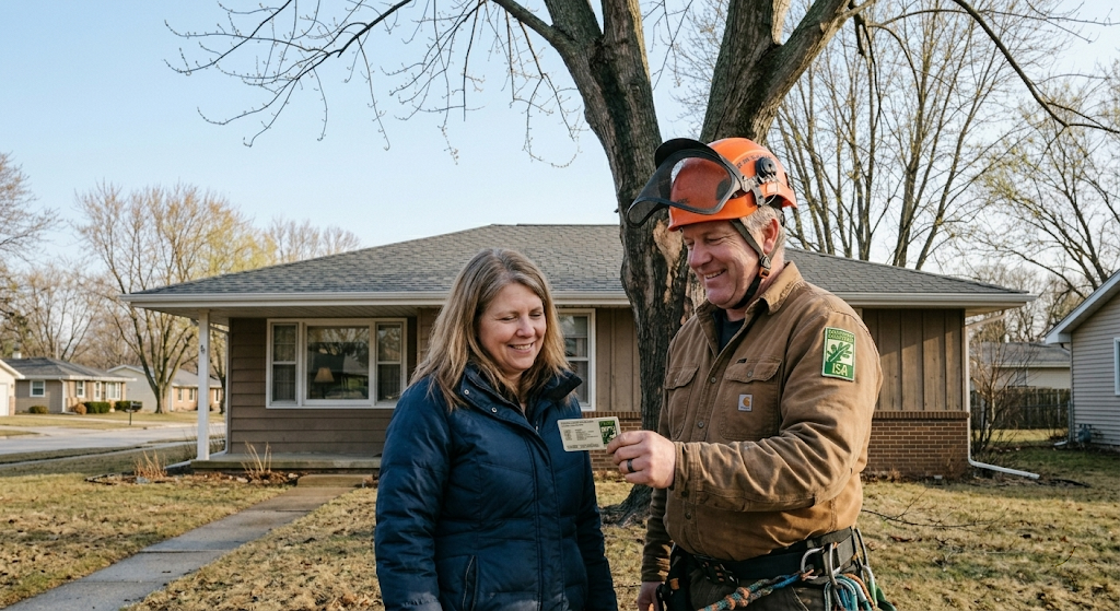 Homeowner and ISA-certified arborist smiling in front of the now-healthy tree, arborist showing credentials