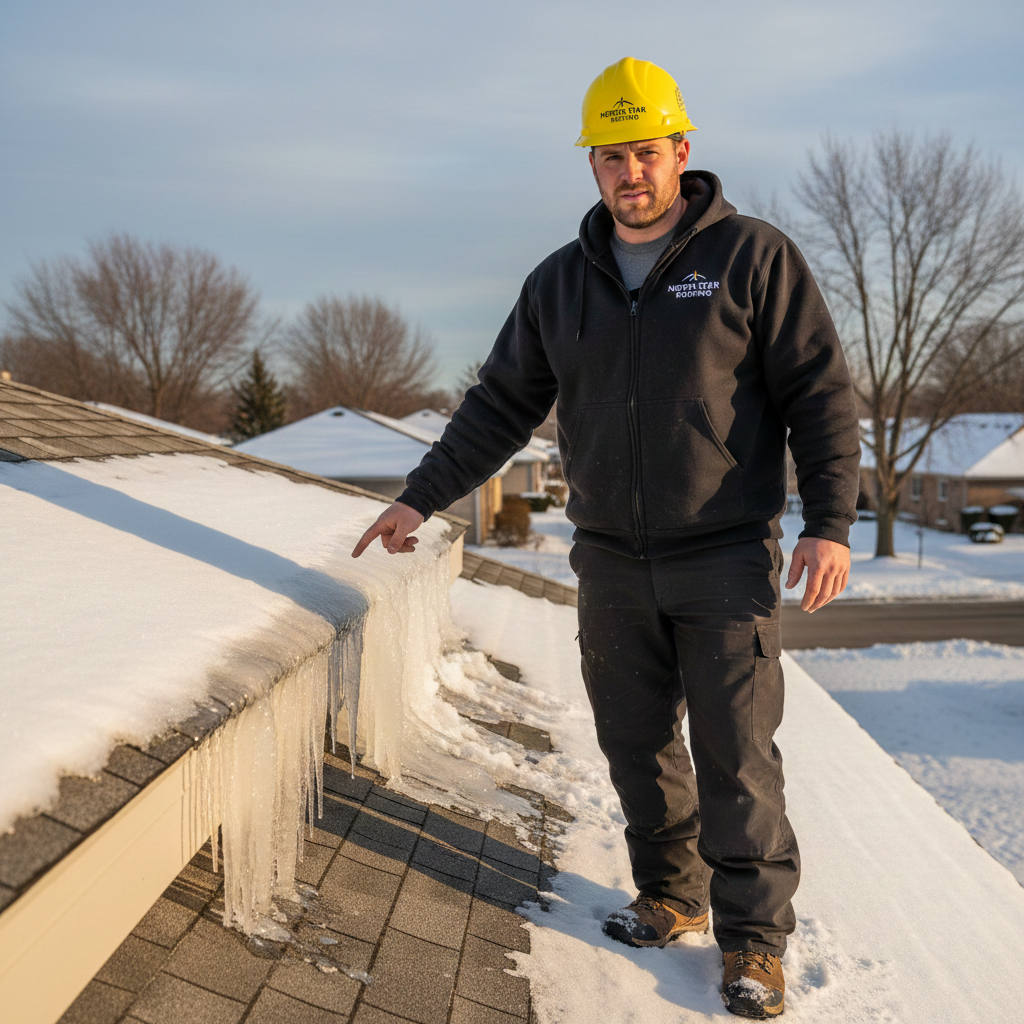 A licensed roofer pointing at ice dam damage on a residential roof