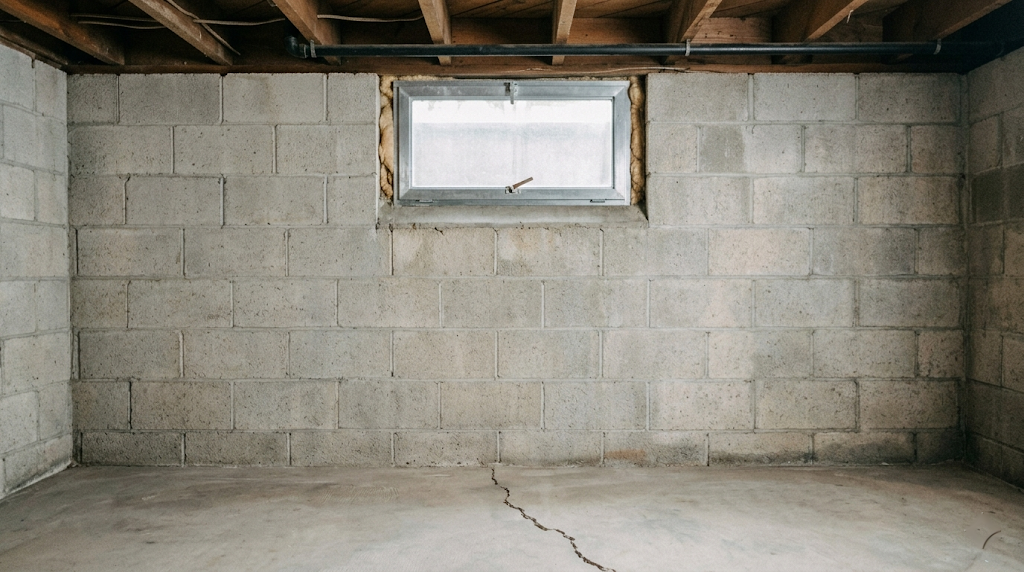 Small original basement window in a 1960s Midwest ranch home foundation