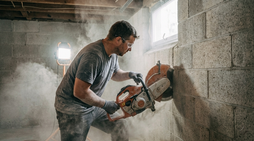 Unfinished Midwest residential basement with exposed cinder block walls, floor joists, plumbing rough-ins, and a water heater — the typical starting point before egress window installation