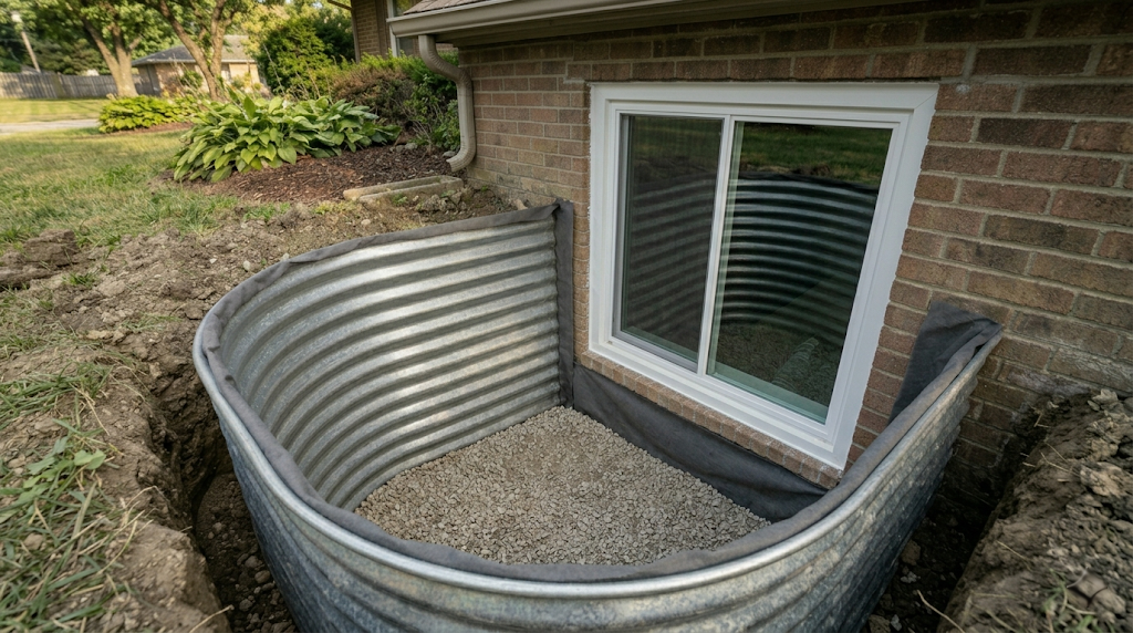 Egress window well with angular gravel drainage and geotextile fabric liner in Midwest clay soil