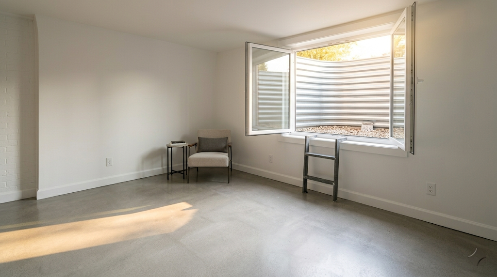 Finished bright basement in Midwest ranch home with open egress window, egress ladder mounted