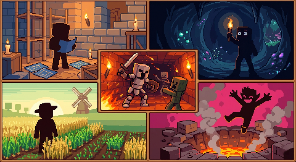 Retro pixel art grid of five Minecraft-inspired archetypes — builder, explorer, fighter, farmer, and chaos gremlin — each depicted in their natural in-game environment.
