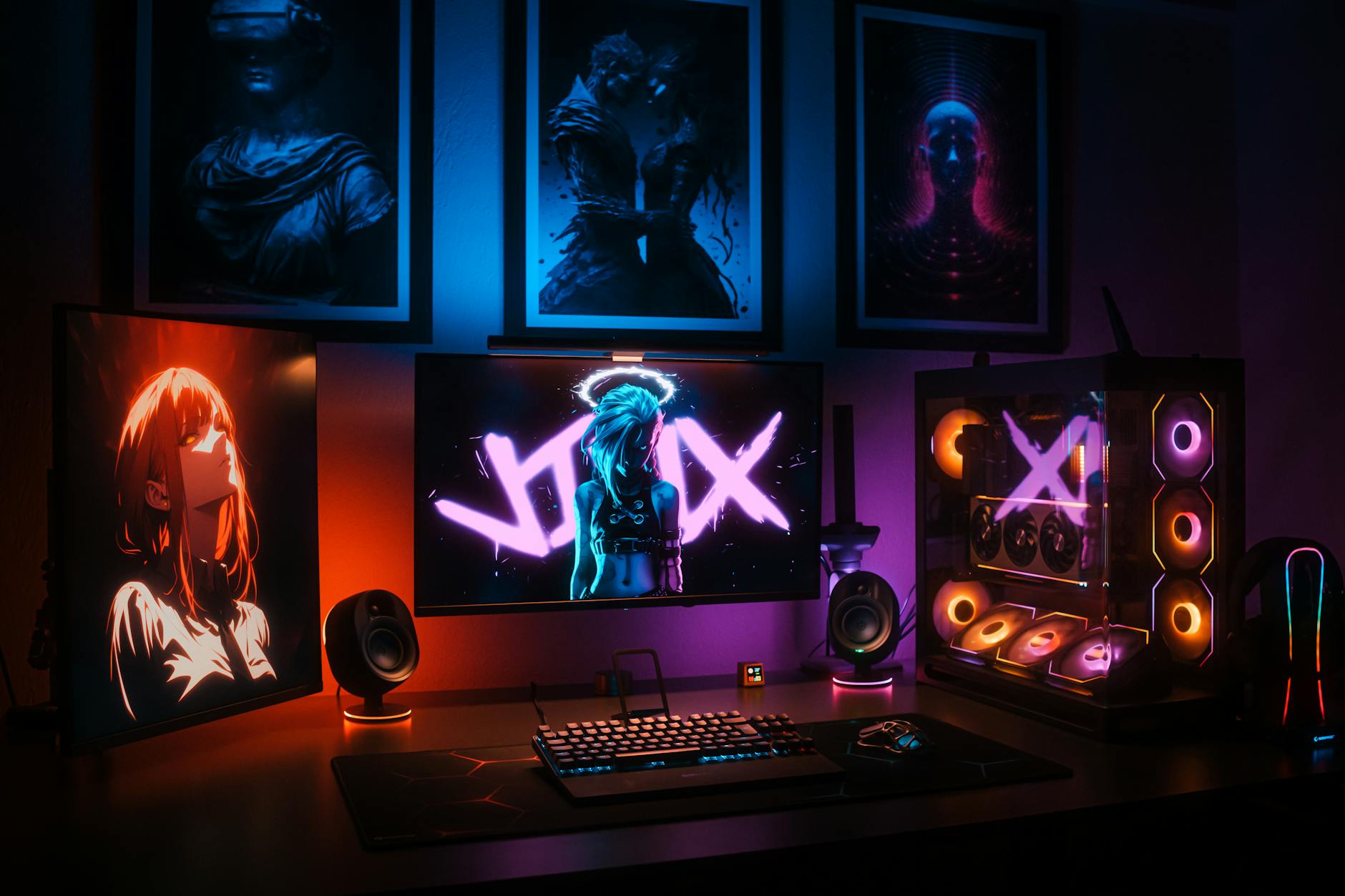 Gamer's personal setup with anime art and RGB lighting