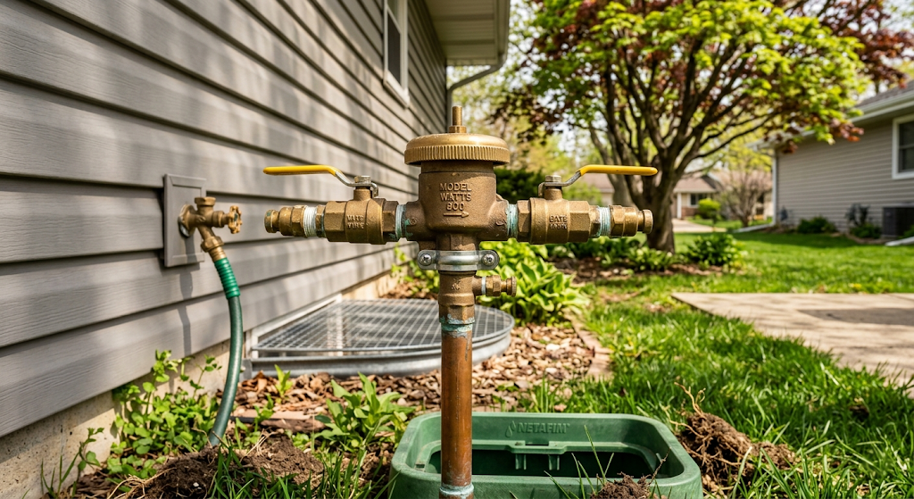 Close-up of a brass pressure vacuum breaker backflow preventer installed on a copper riser pipe beside a Midwest ranch home