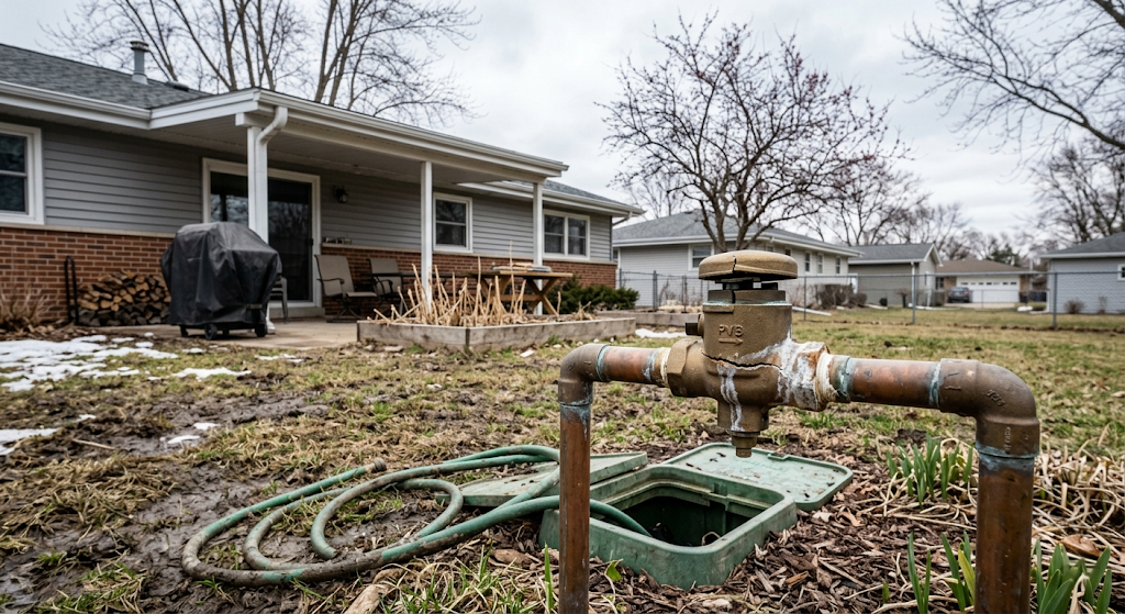 Freeze-damaged backflow preventer with a visible crack on brass body in a Midwest backyard in early spring
