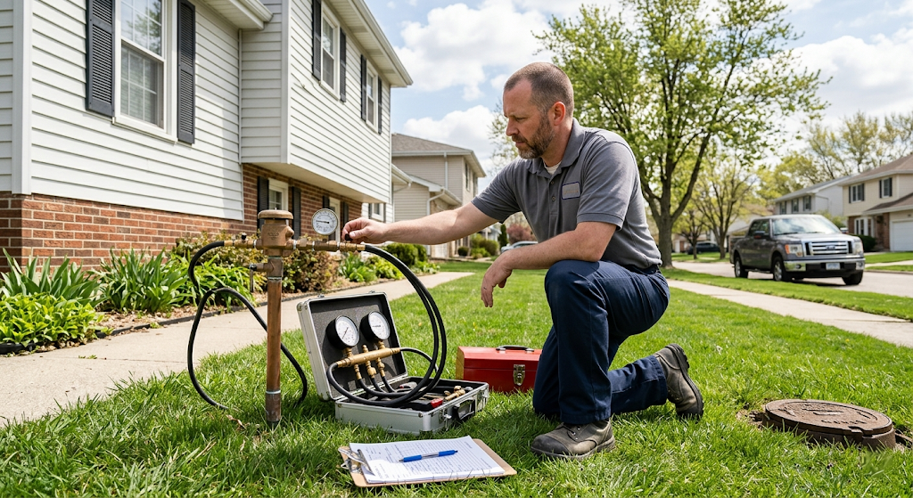 Certified backflow tester kneeling beside a residential PVB with a differential pressure gauge test kit connected