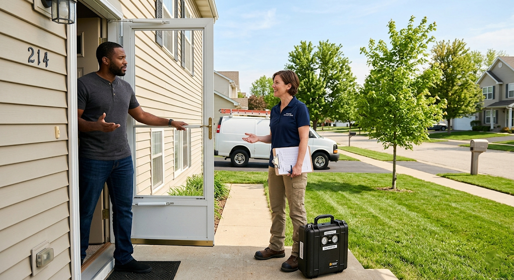 Homeowner at front door having a conversation with a certified backflow tester arriving for a service call