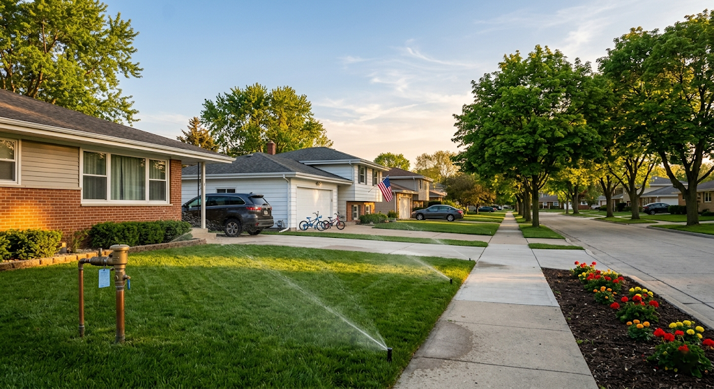 Midwest suburban street in late spring with irrigation running and a tested backflow preventer visible near a home foundation