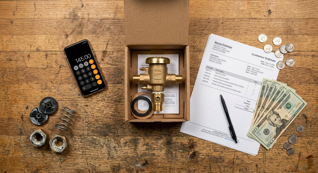 Overhead view of a workbench with new backflow preventer parts, a contractor estimate, and US currency representing repair costs
