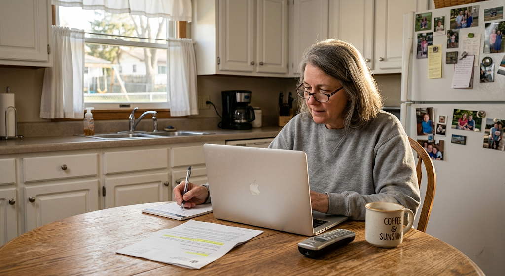 Homeowner at a kitchen table reviewing a utility compliance notice and searching for certified backflow testers on a laptop