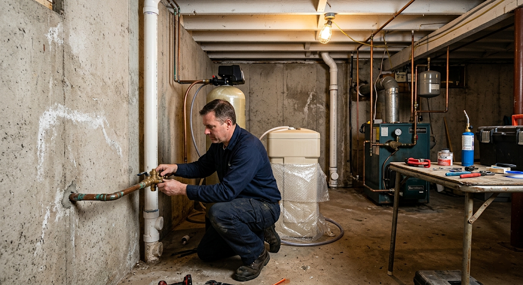 Licensed plumber installing a water softener system in the basement of a Northeast colonial home beside an oil boiler