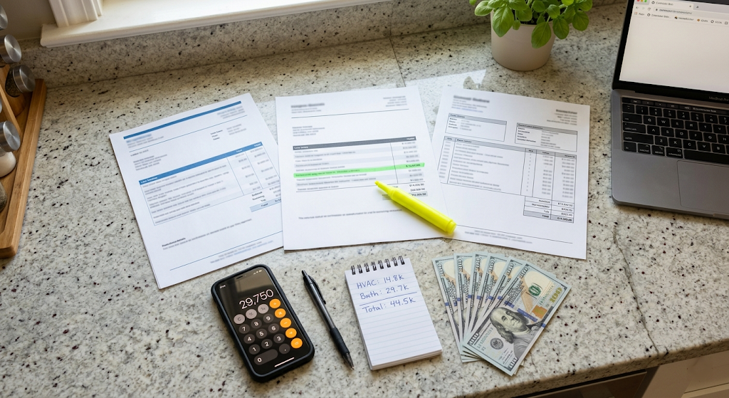 Overhead view of three contractor estimates, a calculator, and cash on a kitchen counter representing the cost comparison process