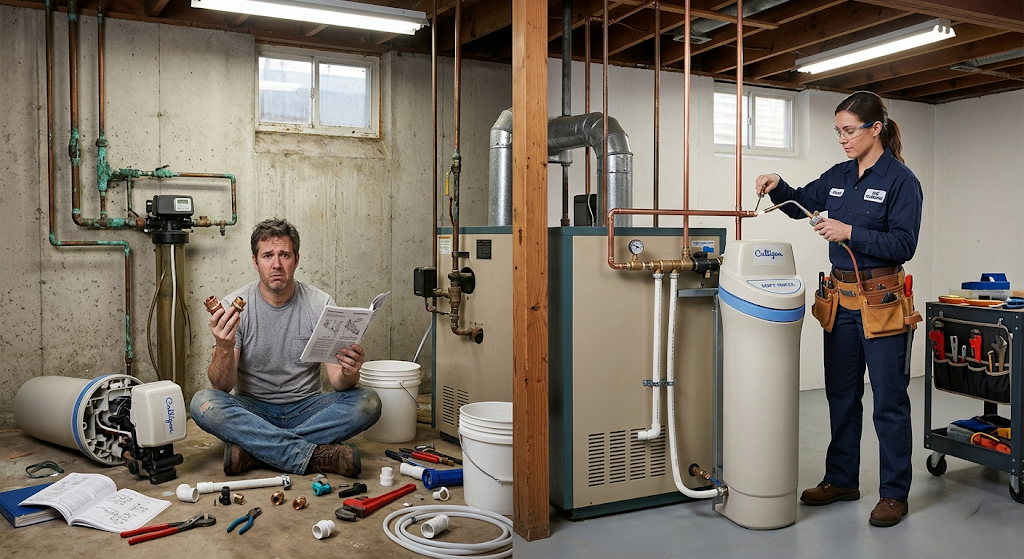 Split scene showing a confused homeowner attempting a DIY water softener install versus a professional plumber completing a clean installation