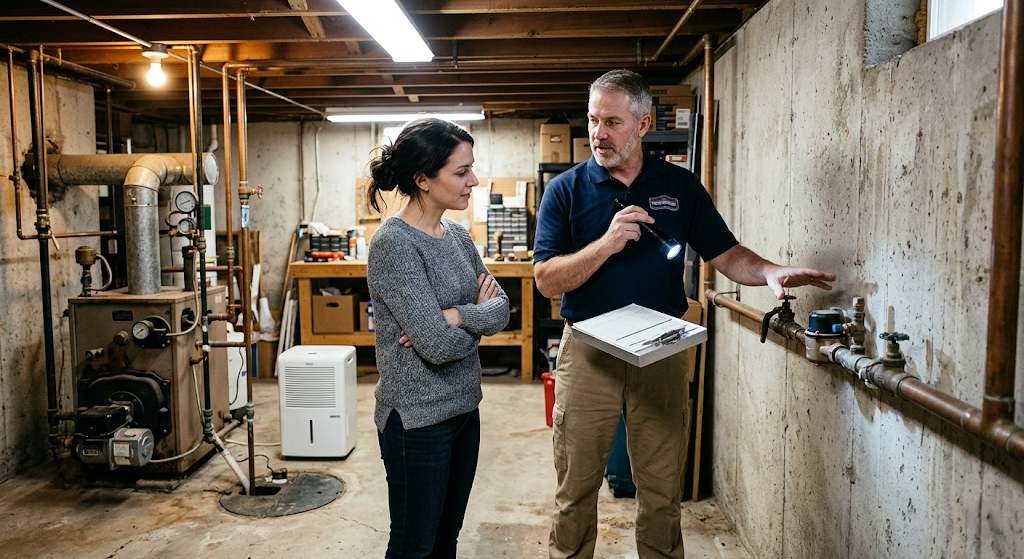 Licensed plumber and homeowner examining the water supply line in a Northeast basement during an in-home estimate visit