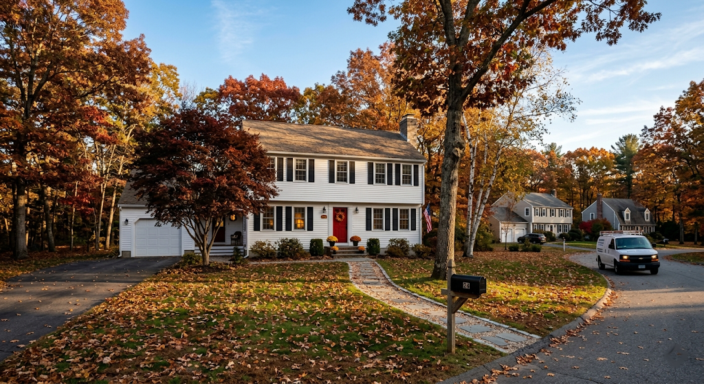 White colonial home on a wooded Northeast lot in late autumn with a plumber's van pulling away after completing an installation