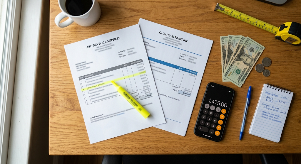 Overhead view of two contractor estimates, calculator, cash, and tape measure on a desk representing drywall repair cost comparison
