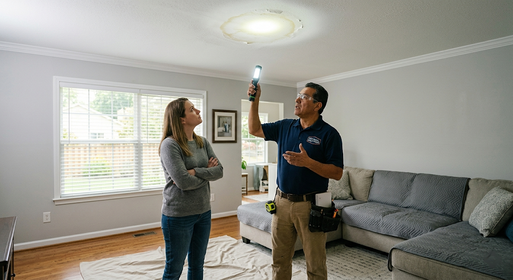 Drywall contractor and homeowner examining water damage on a ceiling during an in-home estimate in a suburban living room