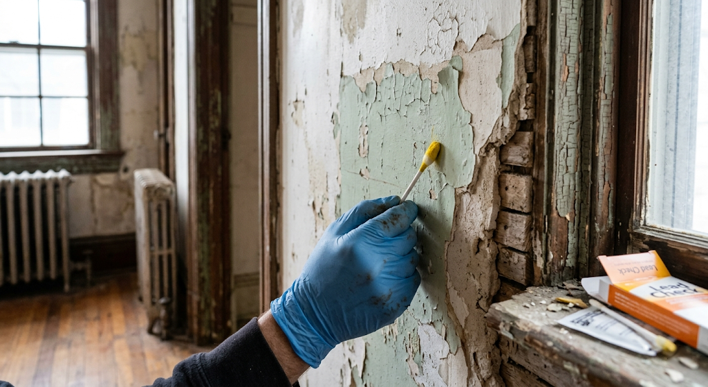 Gloved hand holding a positive lead paint test swab against damaged layers of old paint on a wall in a pre-1978 home