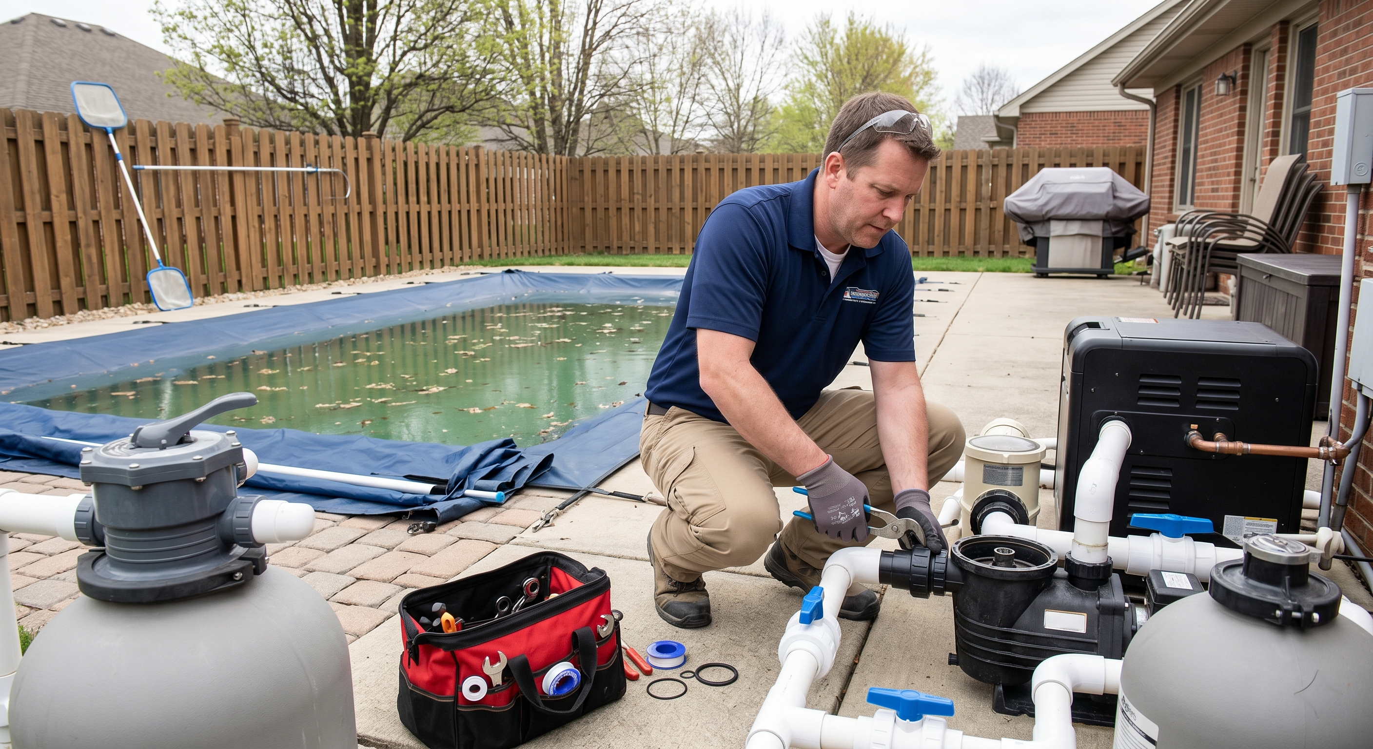 Pool service technician reconnecting pump equipment at a residential pool equipment pad during spring opening