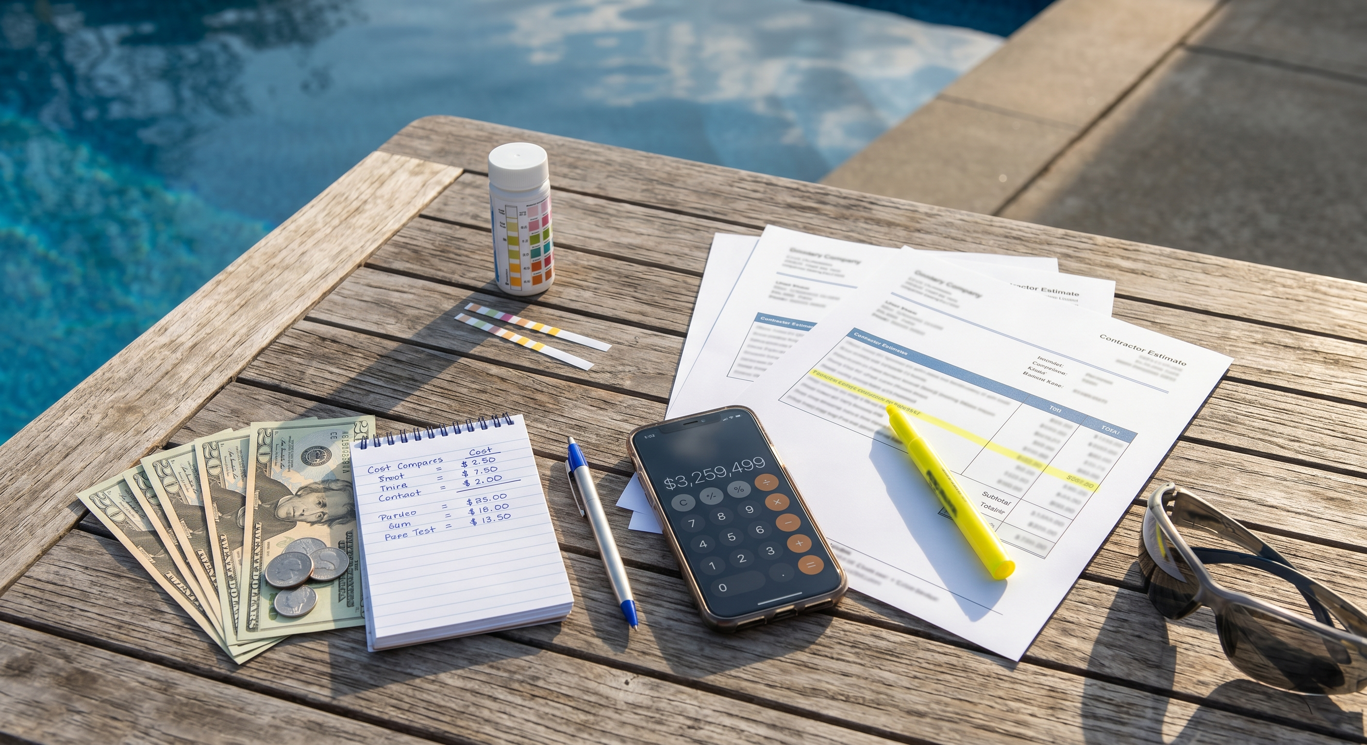 Overhead view of two contractor estimates, calculator, cash, and pool test strips on a patio table representing pool opening cost comparison