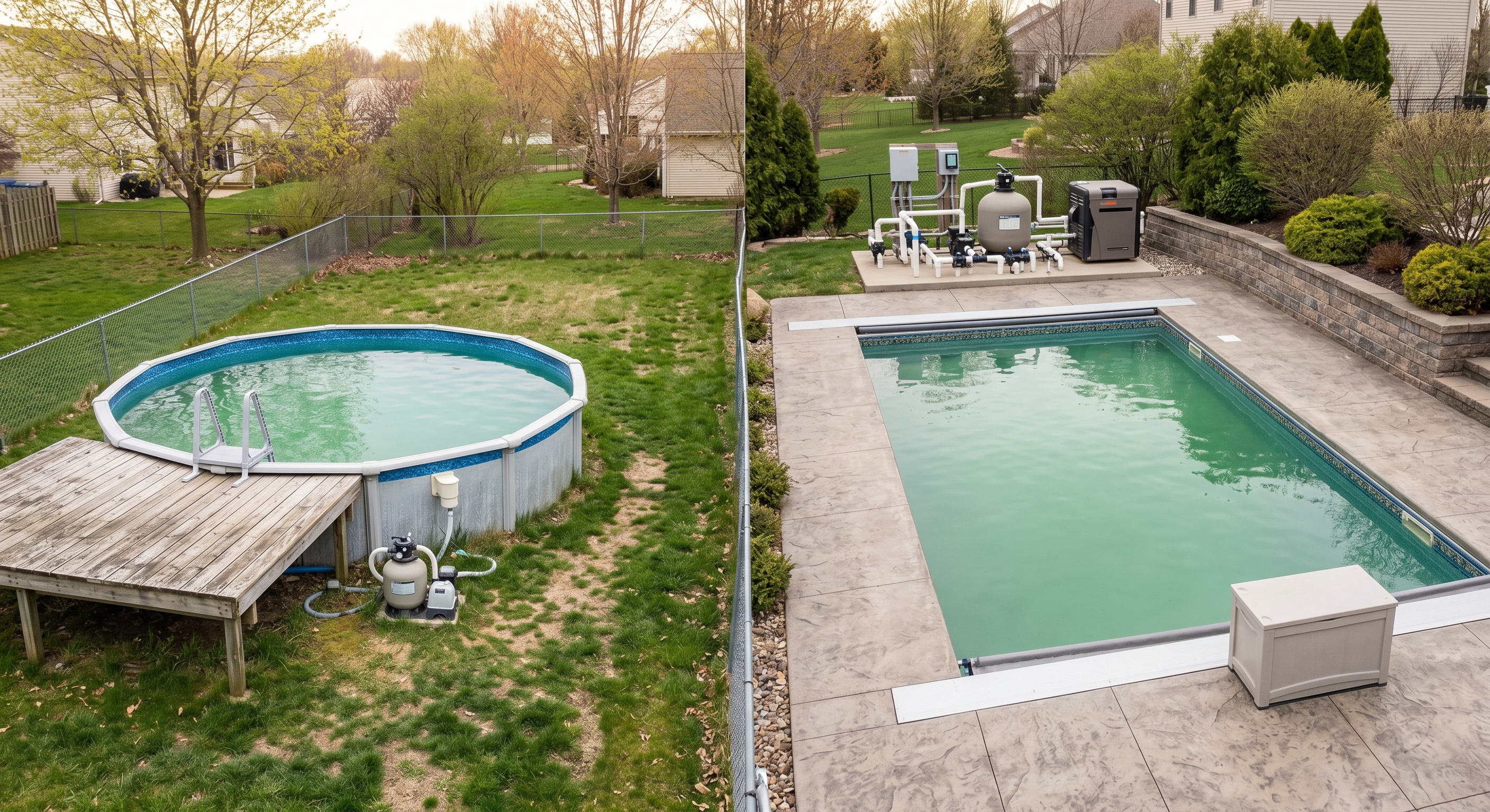 Split view comparing an above-ground pool with simple equipment versus an in-ground pool with complex equipment pad