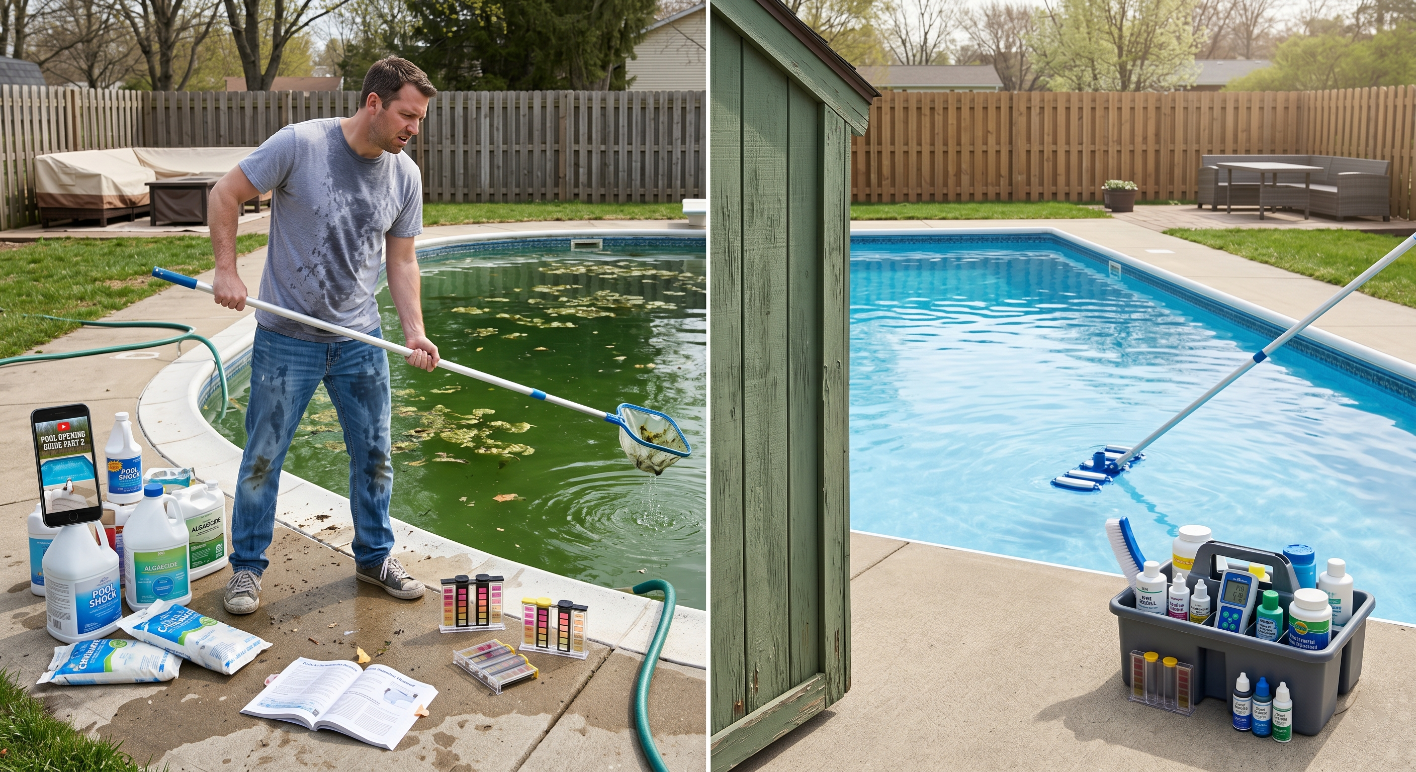 Split scene showing a frustrated homeowner attempting DIY pool opening versus clean professional results on the other side