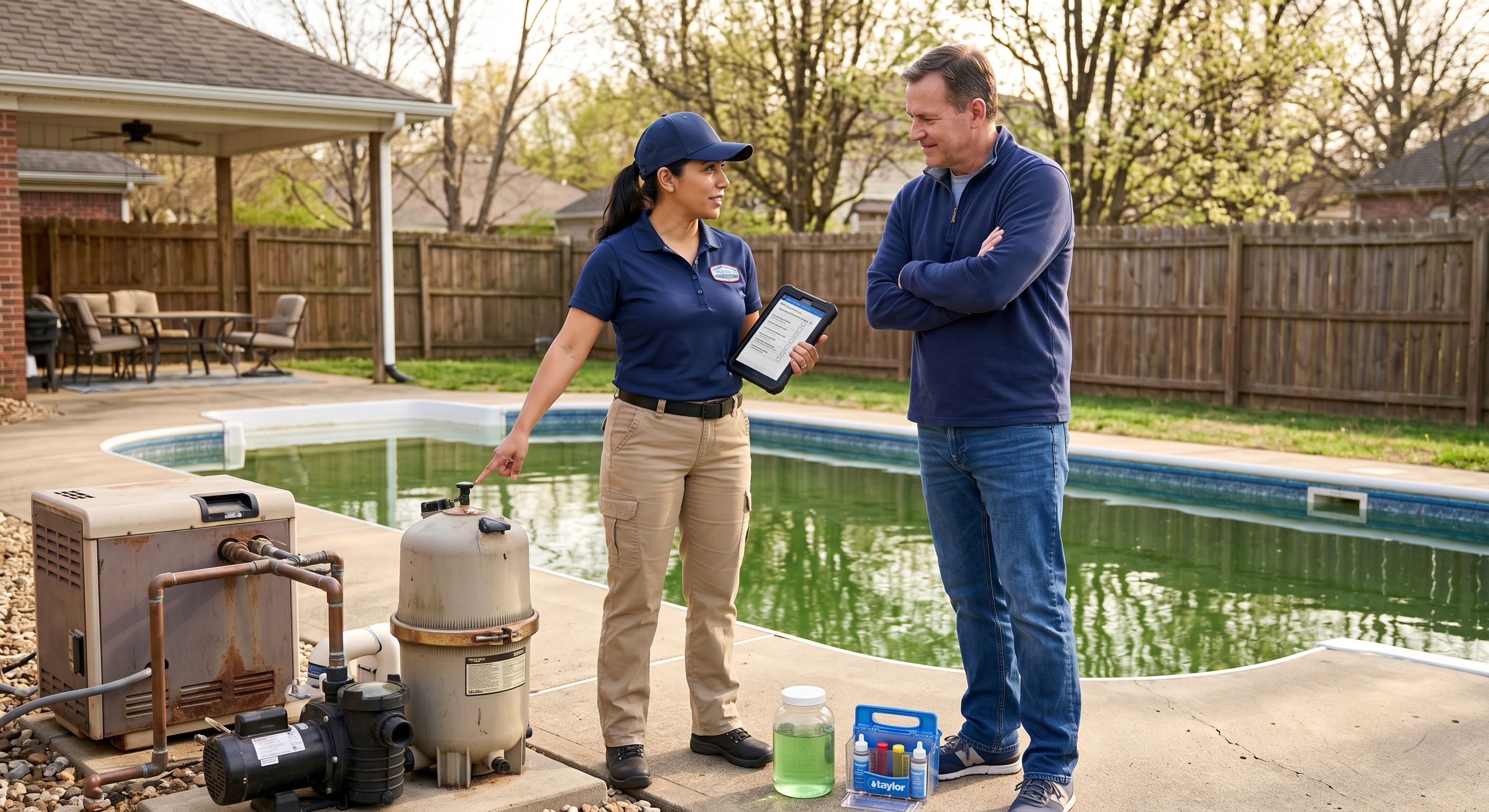 Pool service contractor and homeowner examining equipment and green pool water during an in-home estimate visit