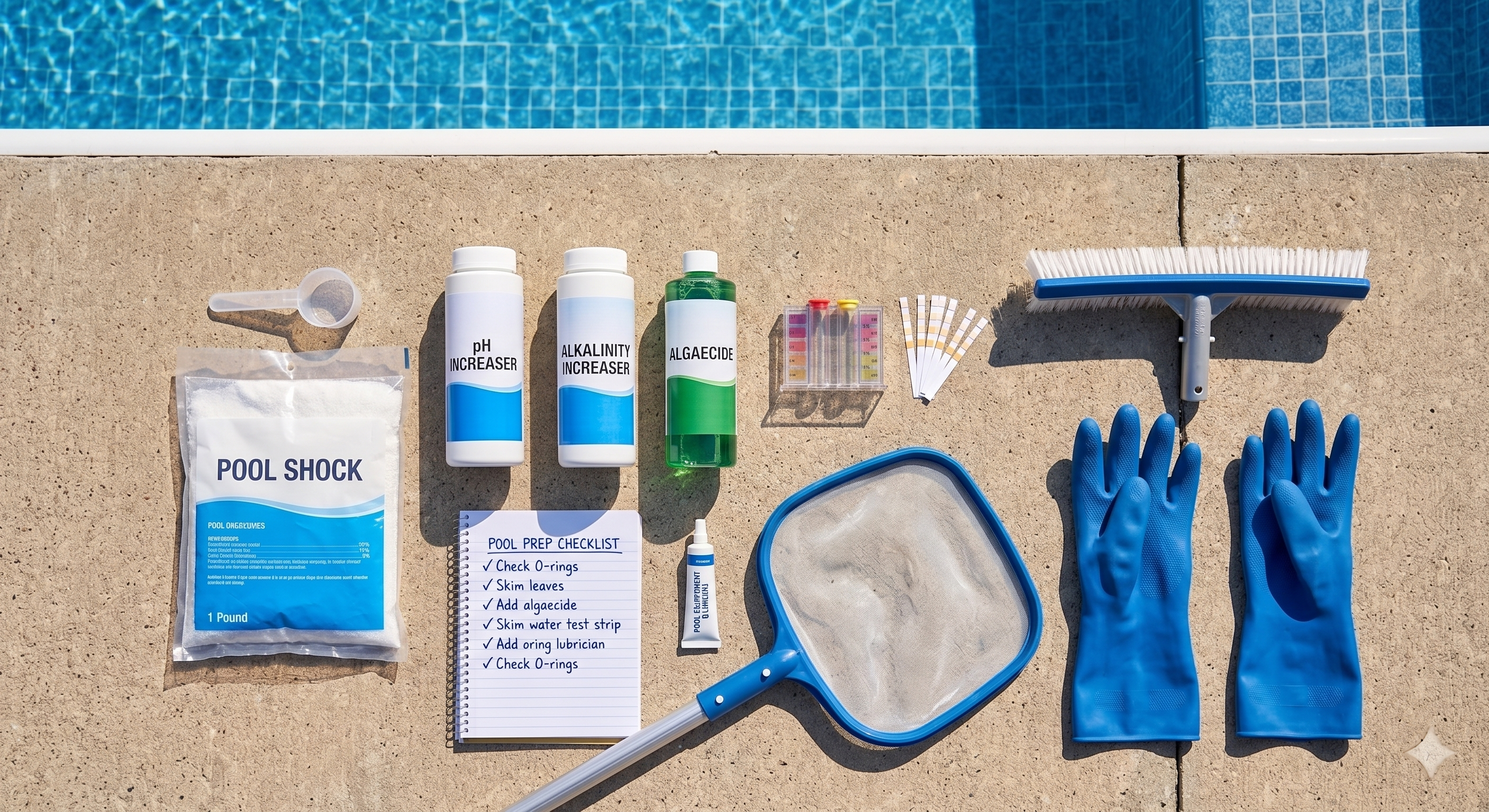 Overhead view of pool opening supplies organized on a pool deck including chemicals, test kit, skimmer, and brush