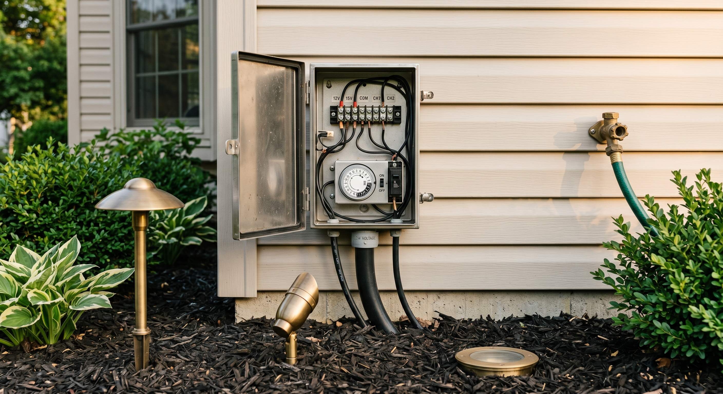 Low-voltage landscape lighting transformer mounted on house wall with pathway, uplight, and well light fixtures visible in mulch bed below