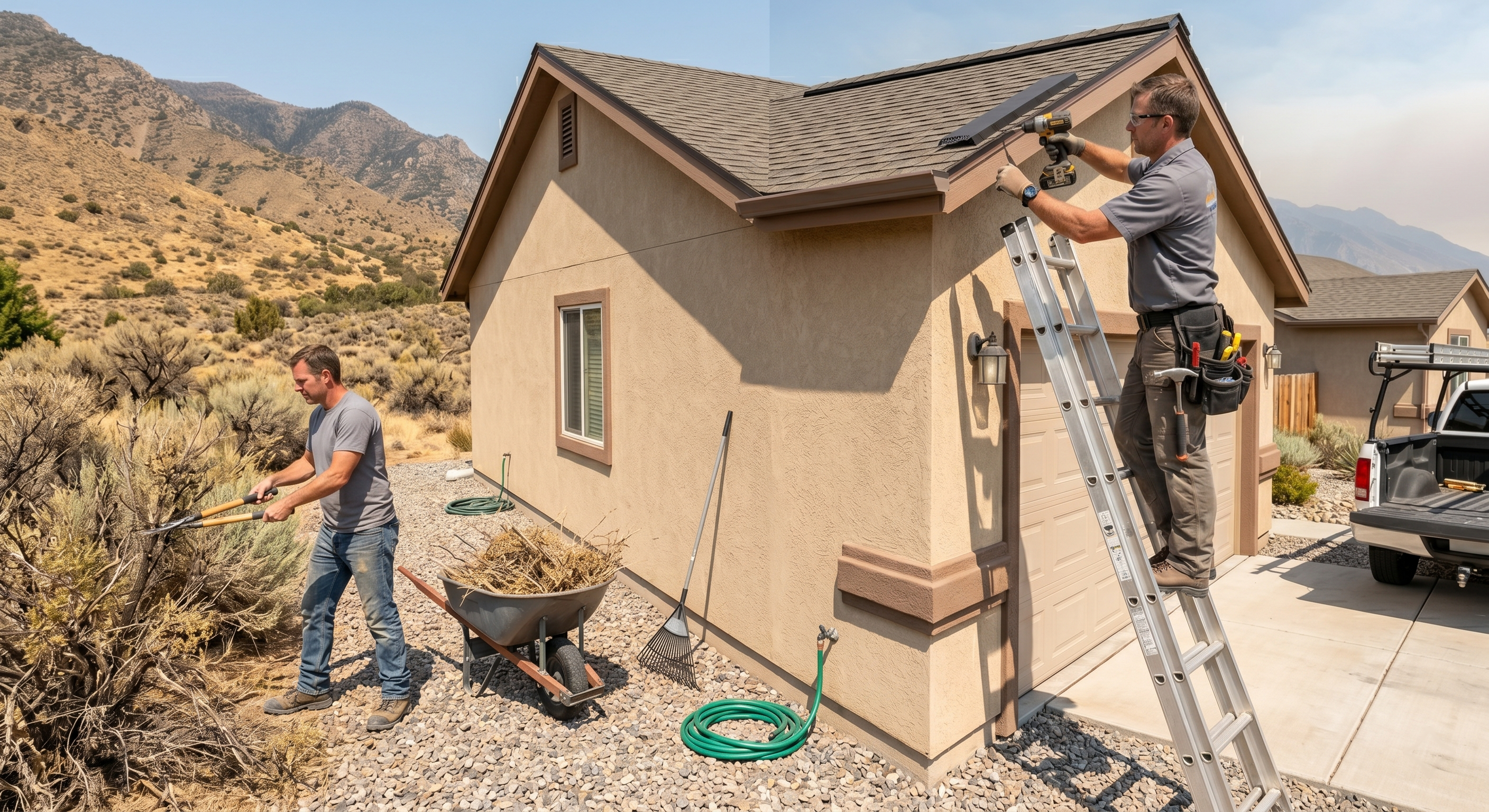 Split scene showing homeowner clearing brush as DIY work versus contractor installing fire-rated roofline components