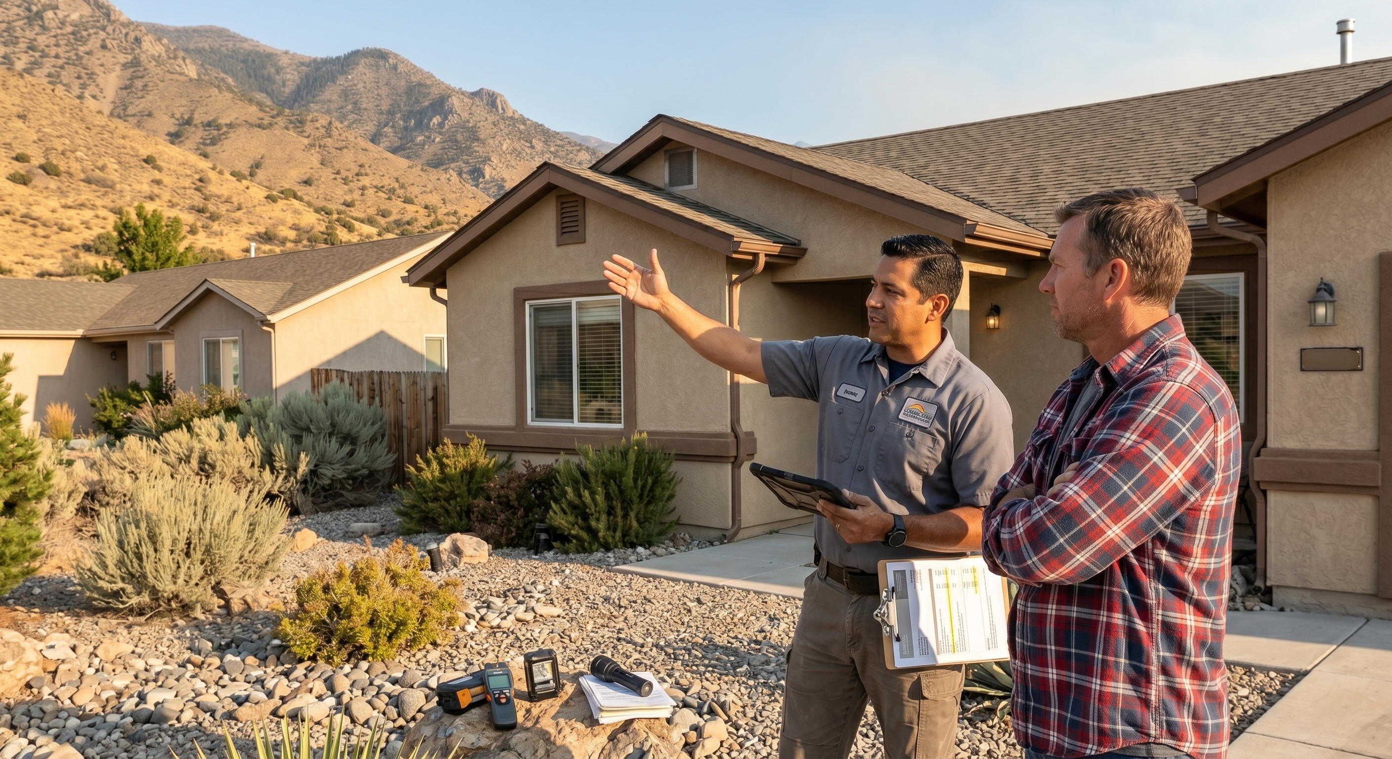 Wildfire hardening contractor and homeowner examining soffit vents and landscaping during a Mountain West home estimate visit