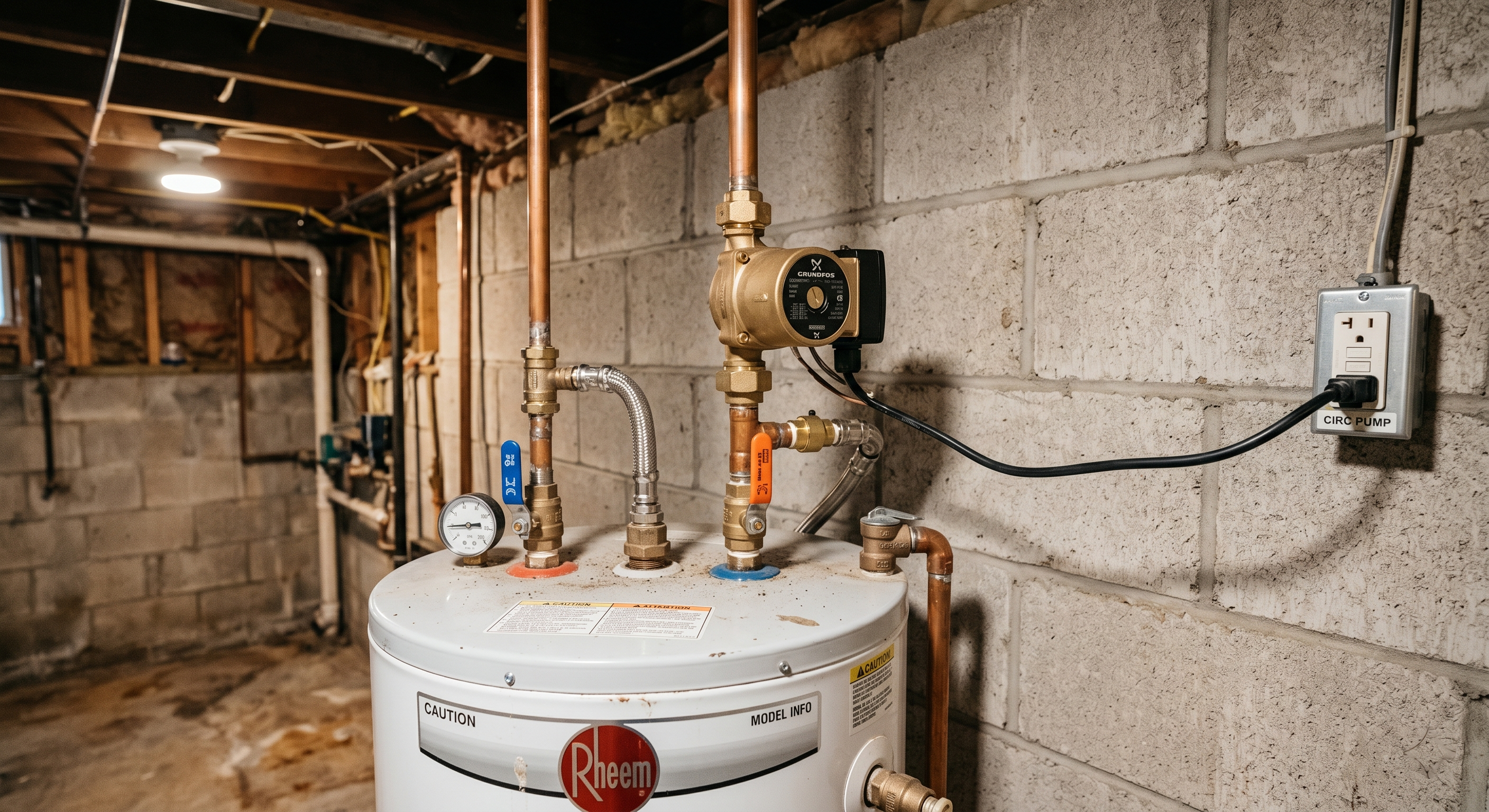 Close-up of a hot water recirculation pump installed on the outlet pipe of a residential tank water heater in a basement