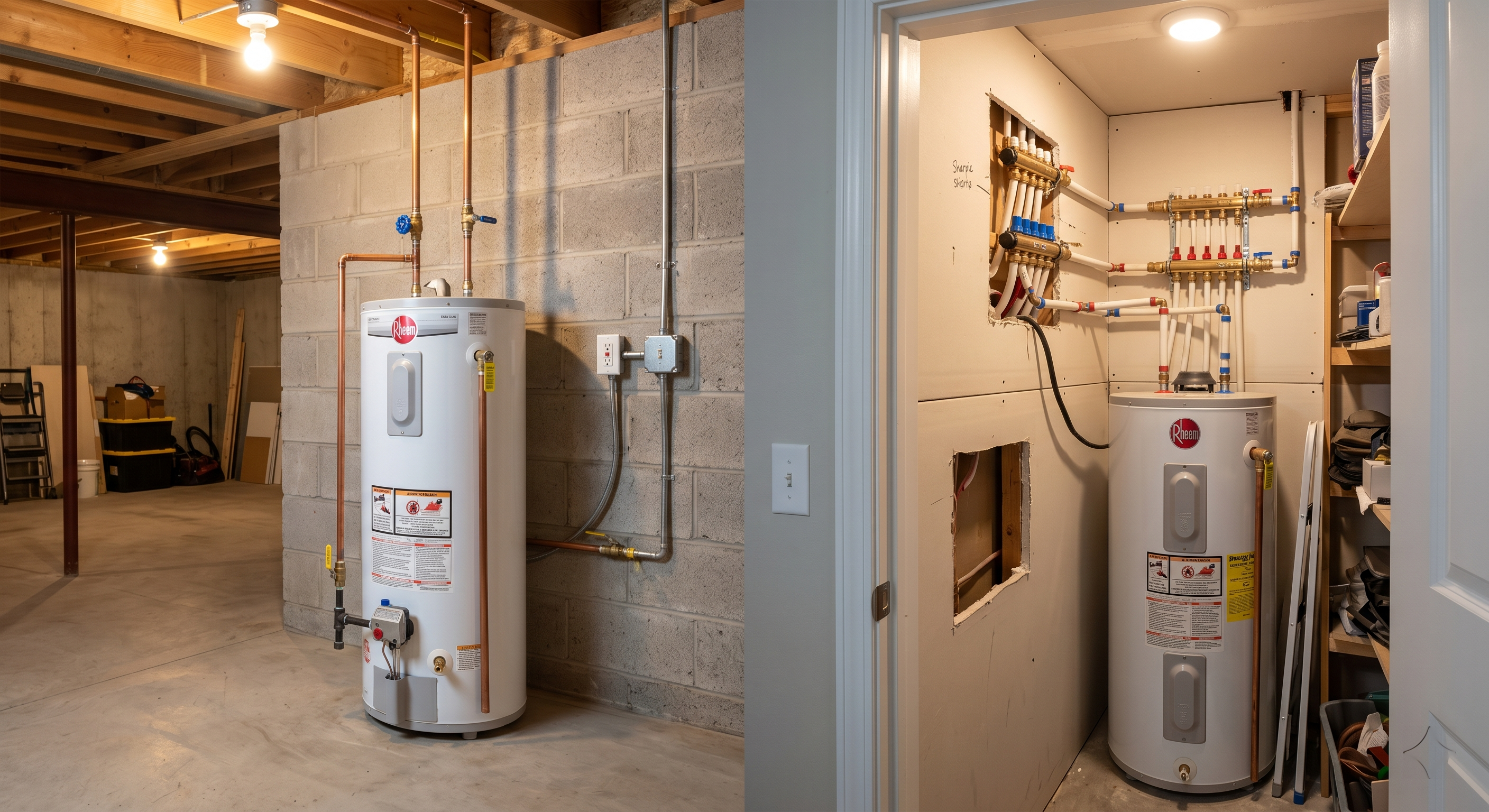 Side-by-side comparison of an easy-access basement water heater versus a cramped utility closet installation