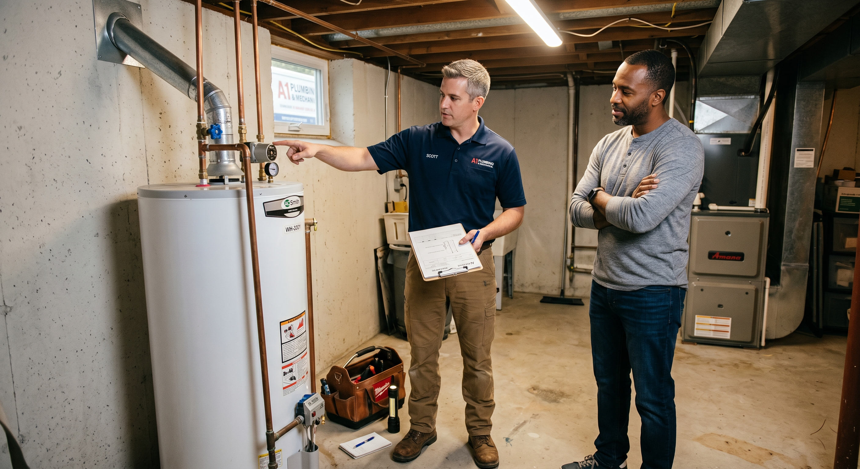 Plumber and homeowner examining water heater plumbing connections in a basement during an estimate visit