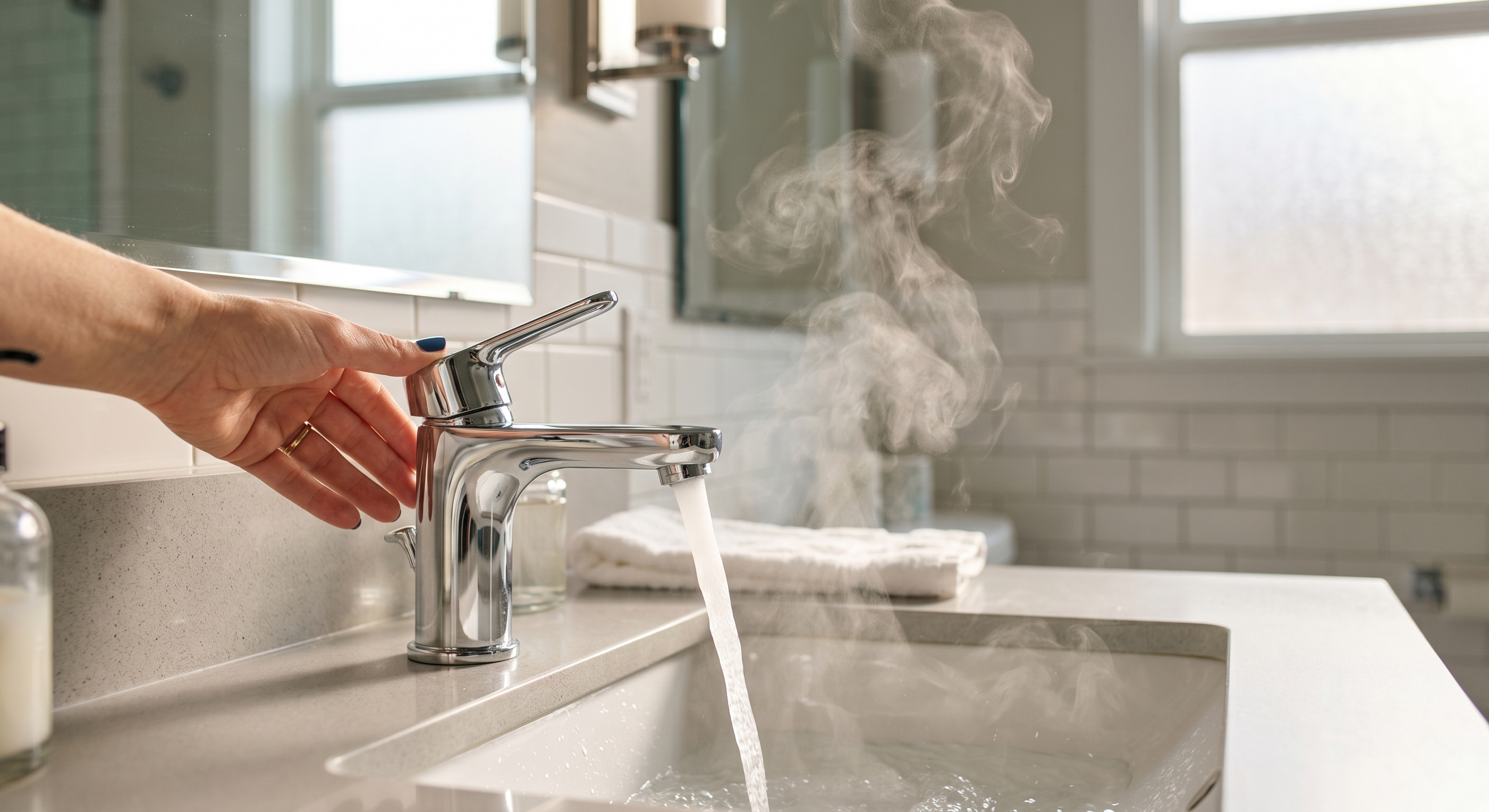 Bathroom faucet running hot water with steam rising immediately after being turned on
