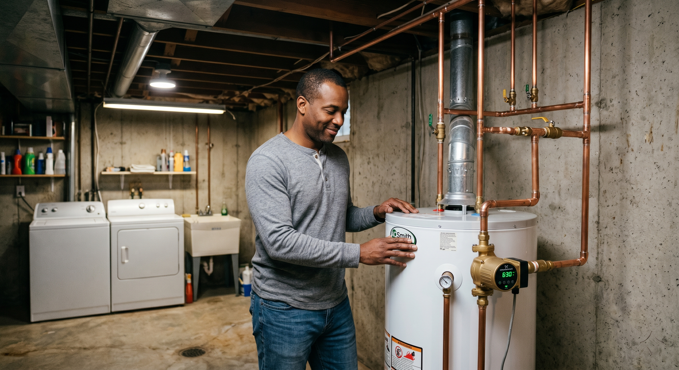 Homeowner in basement looking at completed recirculation pump installation on water heater with satisfied expression