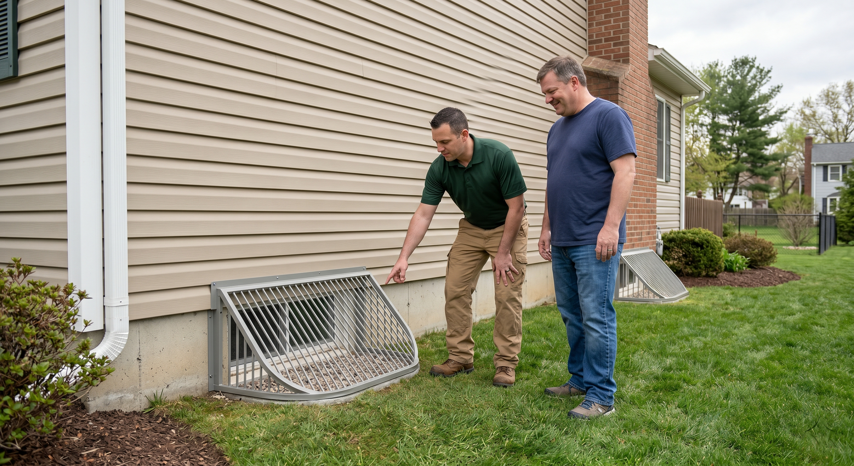 Homeowner and contractor reviewing the finished window well cover installation outside